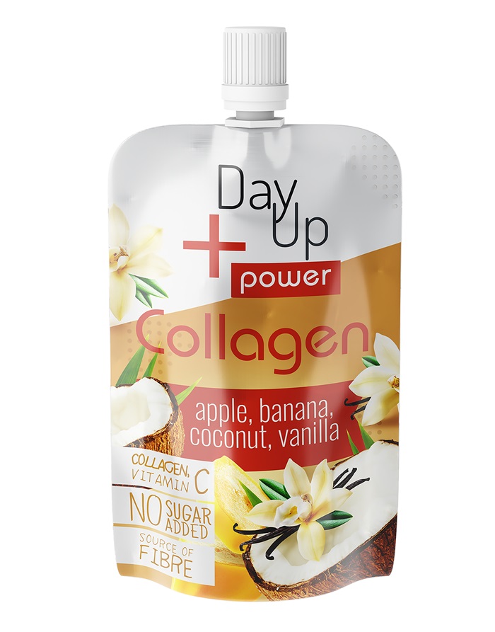 Augļu biezenis DAY UP Power Collagen, ar kokosriekstu un vaniļas garšu, 100g