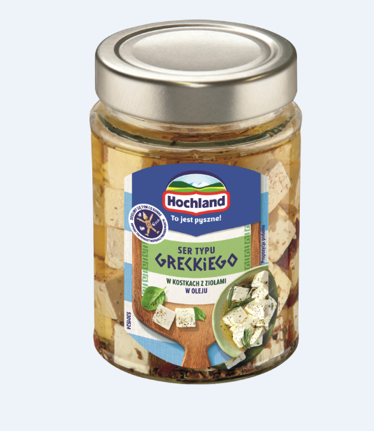 Grieķu tipa siers eļļā HOCHLAND kubiņos ar zaļumiem 300g